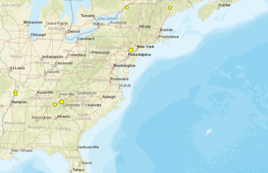 Each yellow dot illustrates the epicenter of an earthquake to strike in the eastern U.S. over the last 7 days. Image: USGS