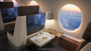 Artist rendering of what the interior of the Boom aircraft could look like when flown for United Airlines. Image: United Airlines / Boom