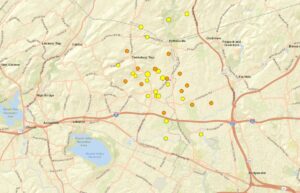 Street map showing the epicenter of every earthquake in New Jersey since Friday morning; the older earthquakes show as yellow dots while the new ones show as orange. Image: USGS