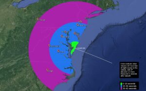 People in the color shaded areas should be able to see each of the small rockets head to space shortly after launch. Image: NASA