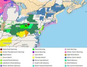 Many watches and warnings are in effect in the northeast, including Winter Storm Watches in blue. Image: weatherboy.com