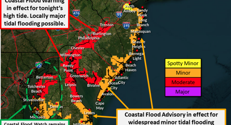 Coastal flooding is likely in portions of the Mid Atlantic, prompting the National Weather Service to issue flood related advisories. Image: NWS