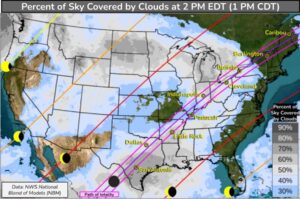 The latest National Weather Service cloud cover forecast suggests portions of the northeast may be the best place to view the total eclipse. Image: NWS