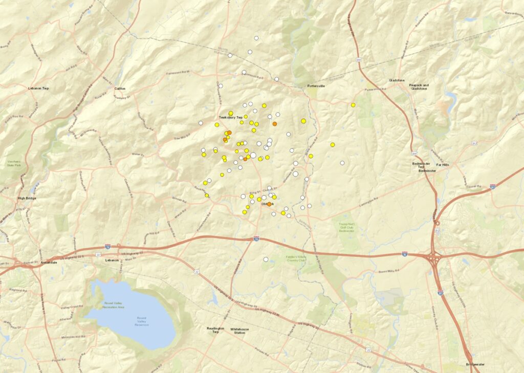 USGS has identified 87 earthquake epicenters in New Jersey this month, each reflected by a dot on this map. Image: USGS