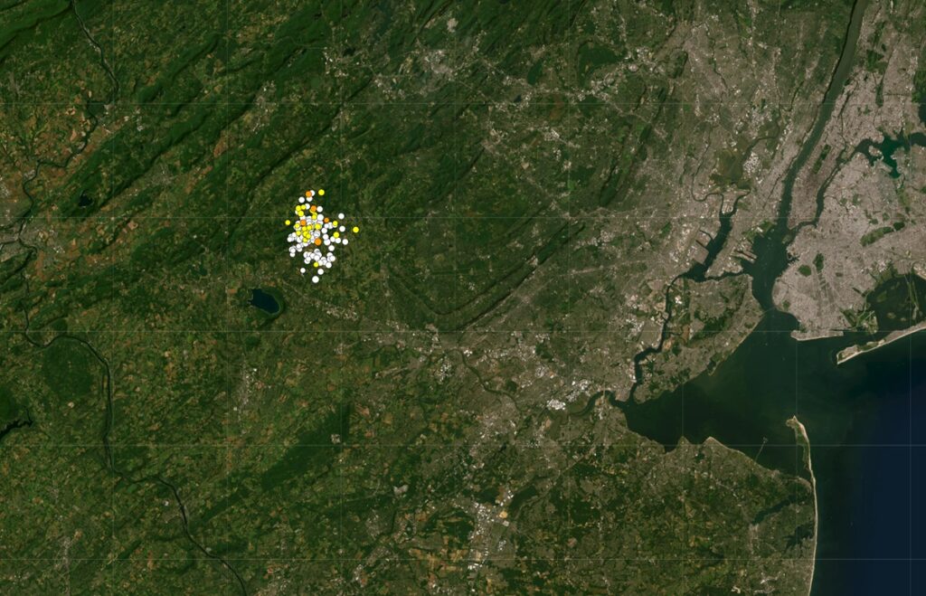 Each dot on this map reflects an earthquake epicenter over the last 30 days over New Jersey. Image: USGS