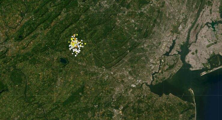 Each dot on this map reflects an earthquake epicenter over the last 30 days over New Jersey. Image: USGS
