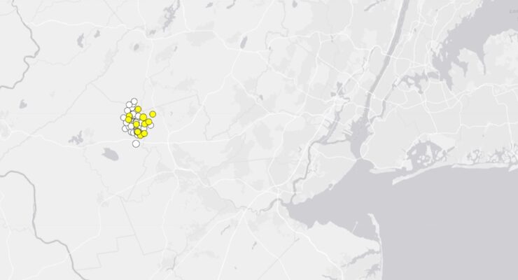 Each colored dot represents the epicenter of an earthquake to strike New Jersey since April 5. Image: USGS