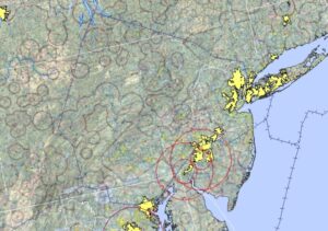 Red circles indicate where NOTAMS are in effect from now through to Monday around Pennsylvania, New Jersey, and Delaware. Image: FAA