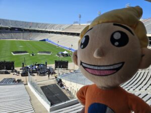 The Weatherboy mascot is inside the Cotton Bowl Stadium in Texas where NASA and NOAA are hosting a viewing event within the path of totality of the solar eclipse. Image: Weatherboy