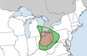 There is an elevated threat of tornadic thunderstorms in the shaded areas, with the highest odds of tornadoes in the brown shaded area. Image: NWS