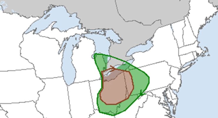 There is an elevated threat of tornadic thunderstorms in the shaded areas, with the highest odds of tornadoes in the brown shaded area. Image: NWS