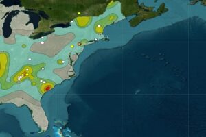 Each dot reflects the epicenter of an earthquake to strike over the last 30 days; these epicenters are overlayed on a map of the U.S. showing where the greatest risk of earthquakes are. Image: USGS