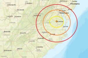 The epicenter of the Virginia earthquake was at the orange dot inside the colored concentric colors. Image: USGS