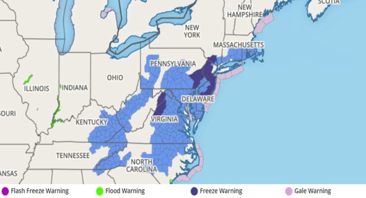 Frost Advisories (blue) and Freeze Warnings (purple) are in effect throughout portions of the Mid Atlantic and Northeast. Image: weatherboy.com