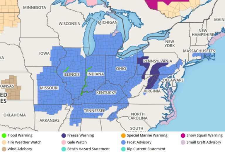 Frost Advisories and Freeze Warnings Issued for Large Part of U.S. Tonight