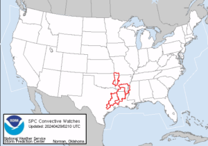 The areas included in a red box are currently under a Tornado Watch. Image: NWS