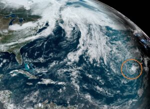 The area circled in orange is being monitored by the National Hurricane Center for potential development. Image: NOAA