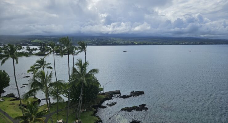 The view of Hilo, Hawaii today (May 9, 2024) shows the calm before a significant storm arrives over the next several days. Image: Weatherboy