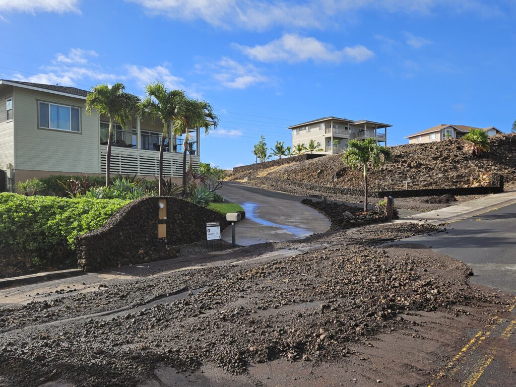 Roads are covered in wash-out and debris from a heavy rain event in Waikoloa Village on the Big Island of Hawaii on May 11, 2023. More flooding heavy rains are in the forecast in the coming days. Image: Weatherboy