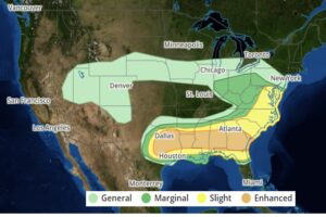 The latest Convective Outlook shows shaded areas that could see thunderstorms today; areas in dark green and yellow are at risk for severe thunderstorms and the area in orange is at highest risk for severe weather. Image: weatherboy.com