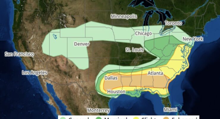 The latest Convective Outlook shows shaded areas that could see thunderstorms today; areas in dark green and yellow are at risk for severe thunderstorms and the area in orange is at highest risk for severe weather. Image: weatherboy.com