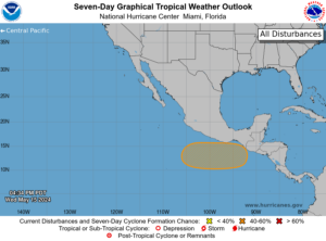 The area in orange will be studies for potential development over the next several days. Image: NHC