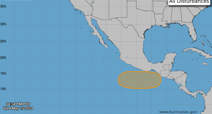 The area in orange will be studies for potential development over the next several days. Image: NHC