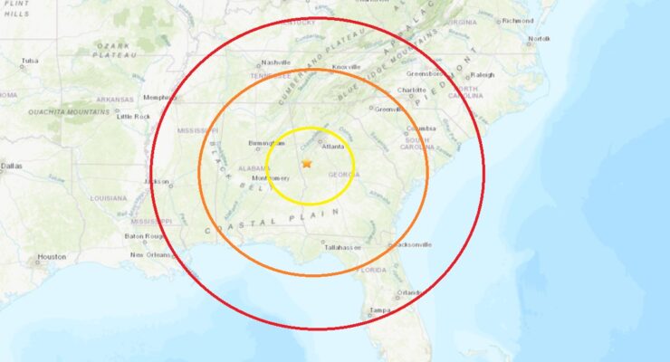The epicenter of today's earthquake was at the orange star inside the colored concentric circles. Image: USGS