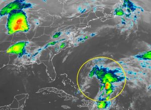 The National Hurricane Center is monitoring the area circled in yellow for possible signs of tropical or subtropical cyclone development. Image: NOAA