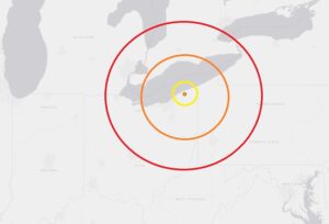 The epicenter of the earthquake is at the orange dot inside the concentric colored circles. Image: USGS