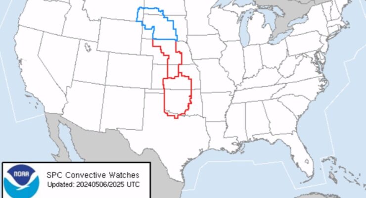 Tornado and Severe Thunderstorm Watches are in effect across a large part of the midwest now. Image: NWS