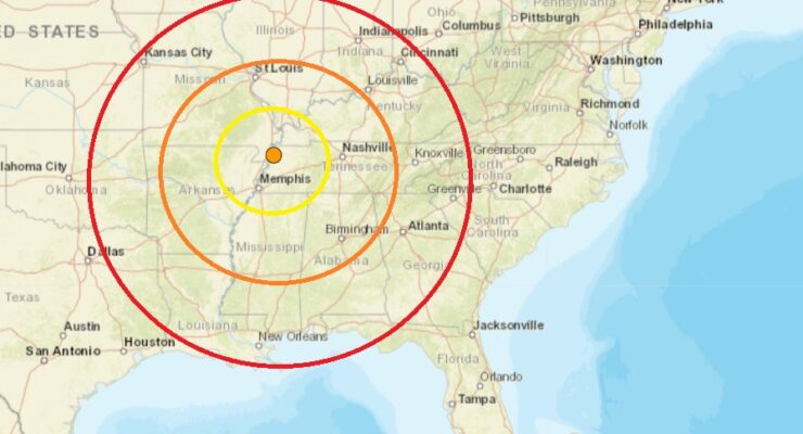 The epicenter of today's earthquake is at the orange dot inside the concentric circles. Image: USGS