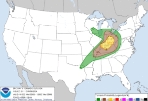 Tuesday night's severe weather threat will shift east and south on Wednesday. Image: NWS