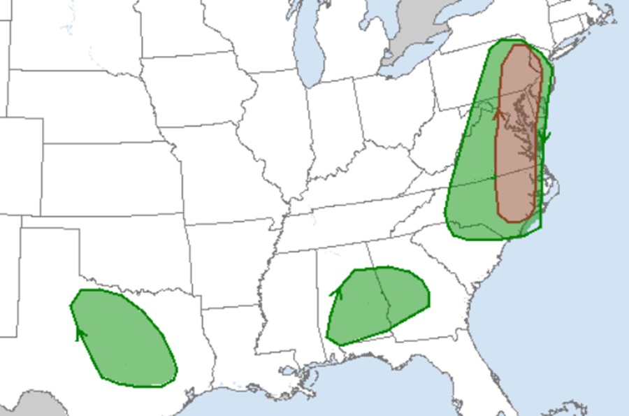 Areas of green have an elevated risk of tornadic thunderstorms on Memorial Day; in Brown area, the risk is more than doubled. Image: NWS SPC