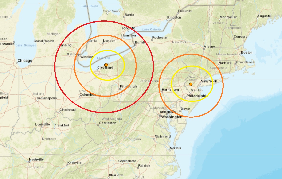 Two earthquakes struck in the same spot today in Ohio. New Jersey also experienced light shaking from an aftershock today too. Image: USGS