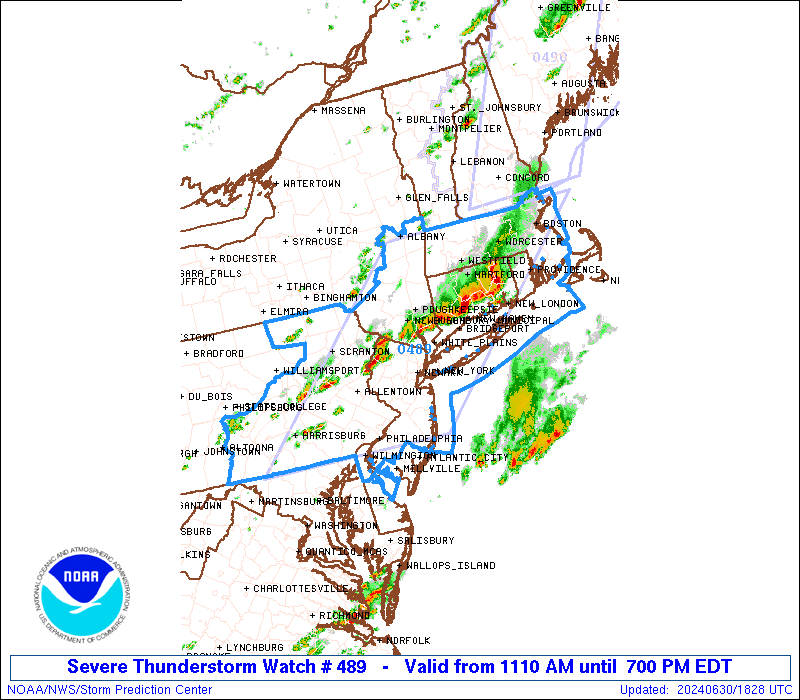 The area in blue is now under a Severe Thunderstorm Watch until 7pm. Image: NWS
