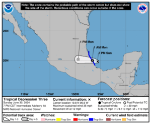 Tropical Depression #3 has formed; this is its forecast path into Mexico over the next 24 hours. Image: NHC