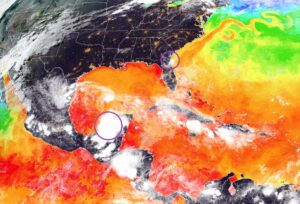 The National Hurricane Center had been tracking the areas circled in purple for potential tropical cyclone development in recent days in this color-enhanced satellite photograph that shows warmer/cooler ocean temperatures. Image: NOAA