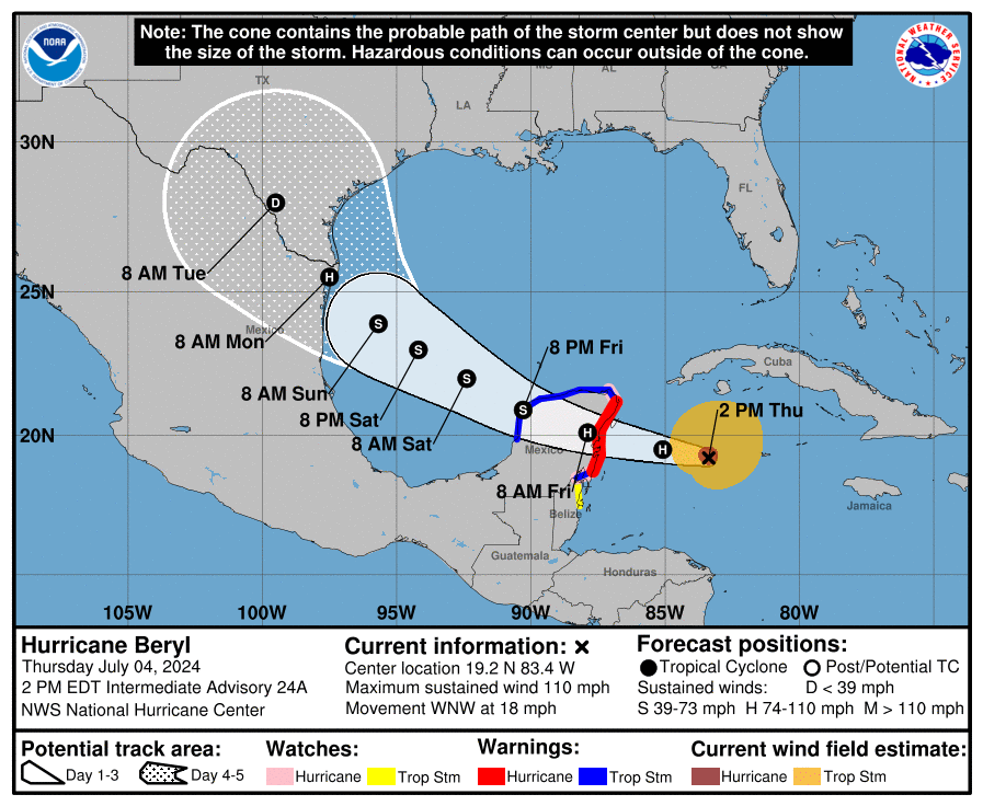 Latest official storm track for Beryl from the National Hurricane Center. Image: NWS