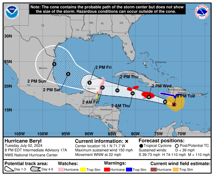 Latest official track from the National Hurricane Center on Hurricane Beryl. Image: NHC