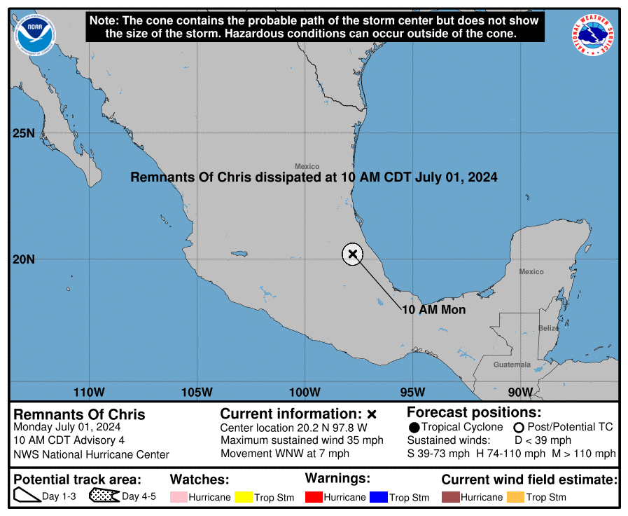 Tropical Chris dissipated over Mexico shortly after making landfall on the Gulf Coast. Image: NHC