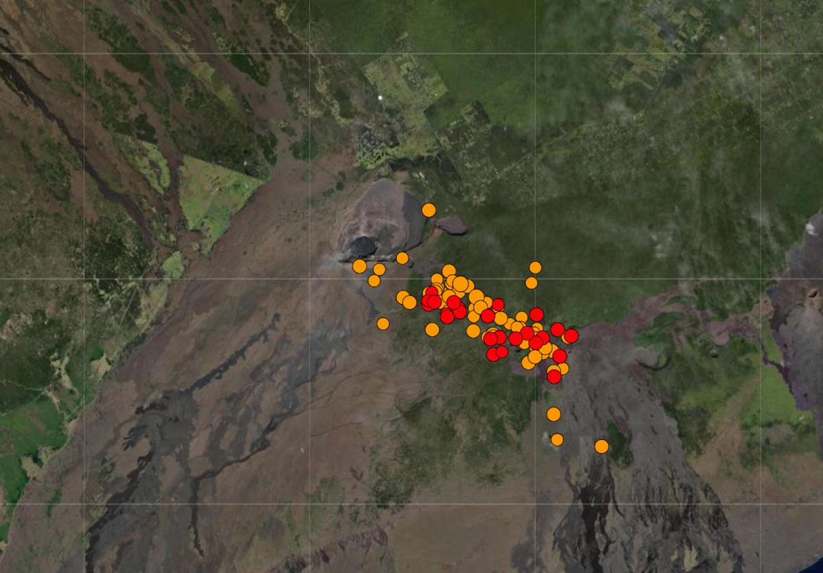 Each dot reflects the epicenter of an earthquake near Kilauea's summit crater. Red dots are newer earthquakes than orange ones. Image: USGS