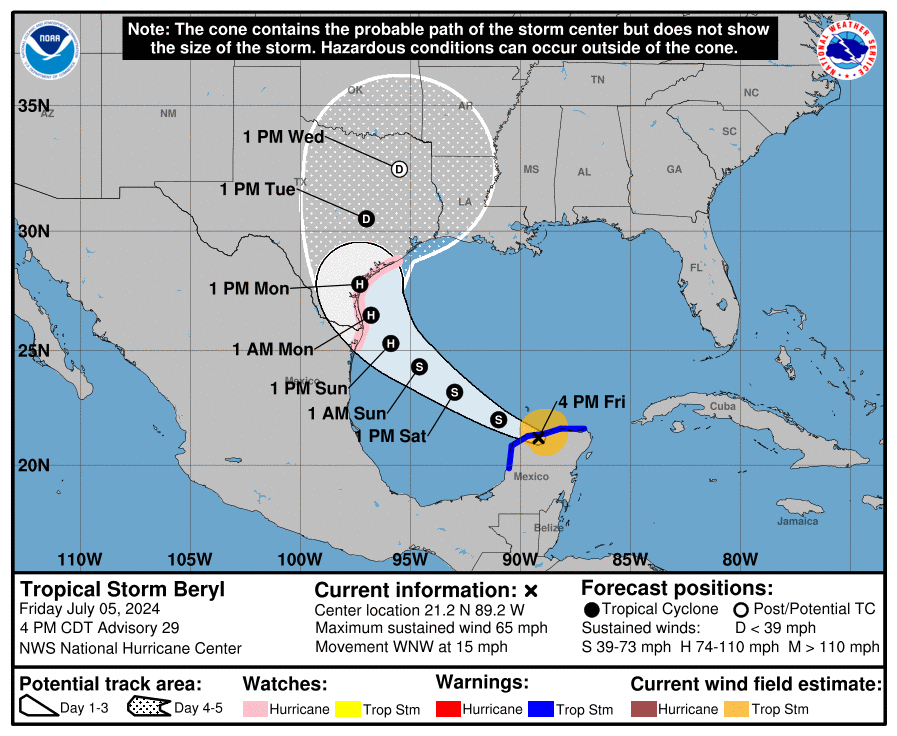 Hurricane Watches are now up for the Texas Coast for Beryl Image: NHC