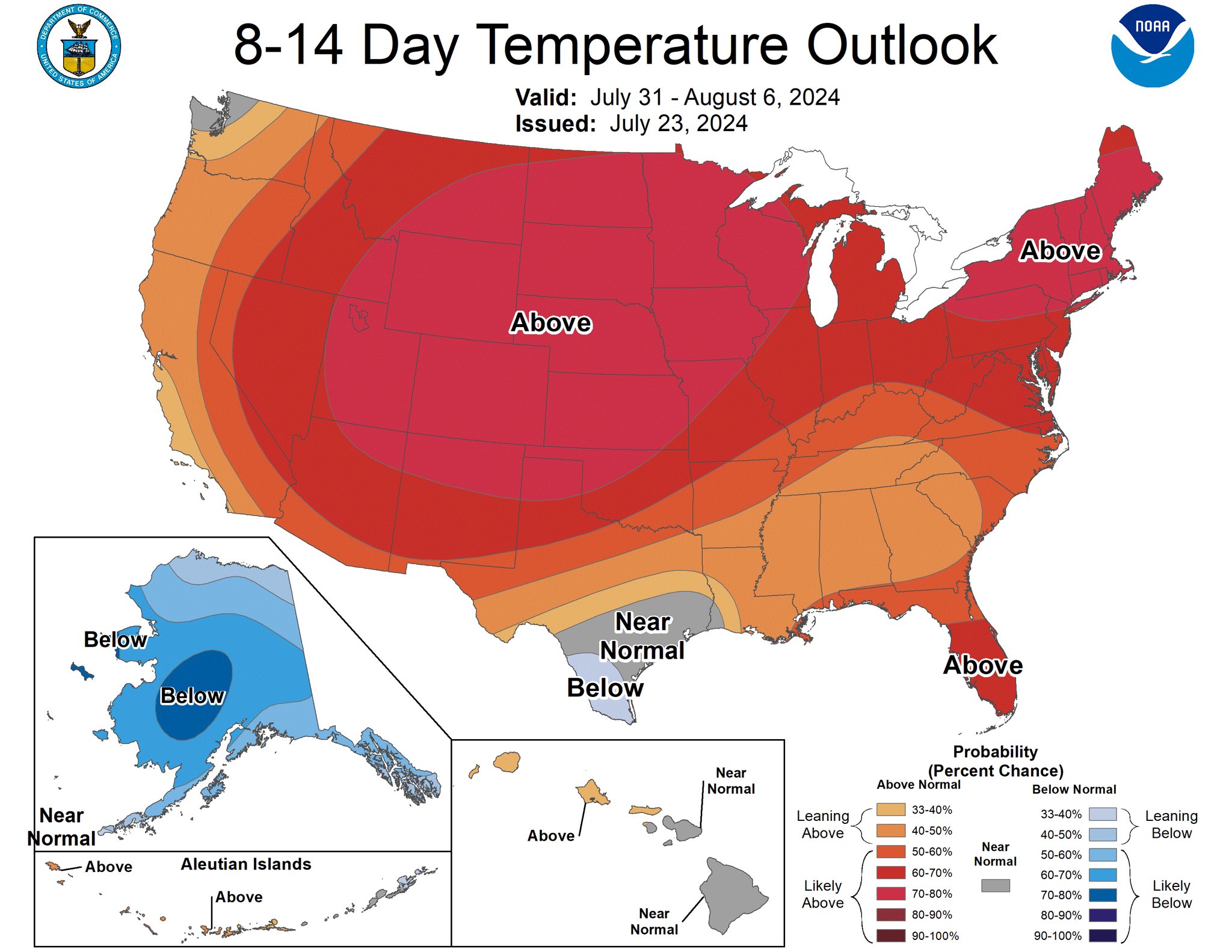 Latest outlook says much of the county will see above-normal temperatures for the period July 31 - August 6. Image: NOAA