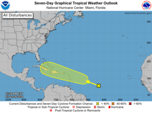 The area in yellow will be monitored over the next 7 days for potential tropical cyclone development. Image: NHC