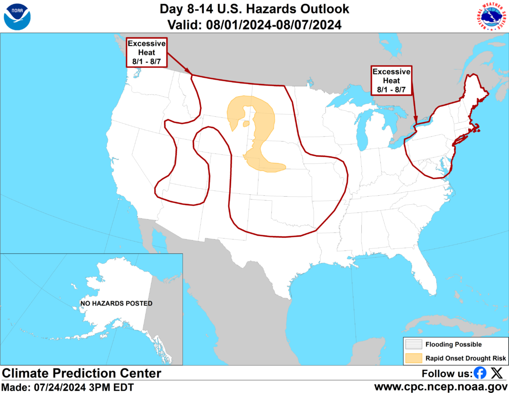 Map showing where excessive heat is expected later next week. Image: NOAA