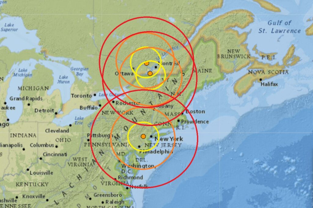 The epicenter of each of the three earthquakes is centered at the orange dot inside the concentric circles.  Image: USGS