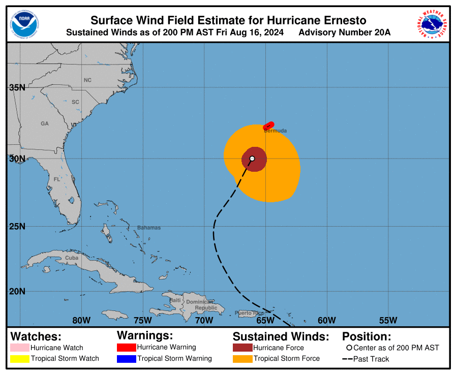 Hurricane Ernesto is forecast to strike Bermuda tomorrow.  Image: NHC