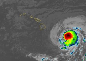 Current color-enhanced satellite view of Hone approaching Hawaii from the GOES-West Weather Satellite Image: NOAA