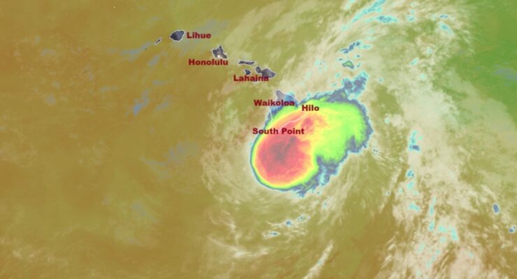 Current color-enhanced view of Hurricane Hone over Hawaii from the GOES-West weather satellite. Image: NOAA